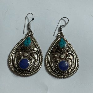 New Tibetan Silver Turquoise and Lapis Earrings